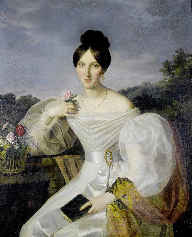 Ferdinand Georg Waldmuller A lady in a white dress and shawl before a Viennese landscape